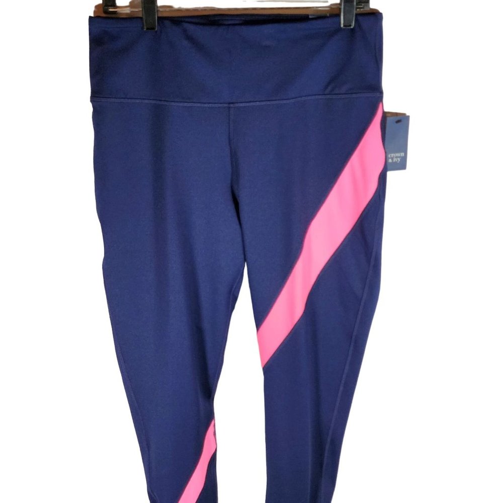 Crown & Ivy Large Navy Blue Sporty Leggings Pink Accent Stripes NWT‎